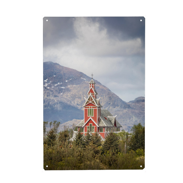 Metall Poster "Rote Holzkirche Norwegen" artboxONE - Reise,Architektur - Buksnes,Gravdal,Lofoten,Skandinavien,Drachenkirche,Drachenstil,Kirche