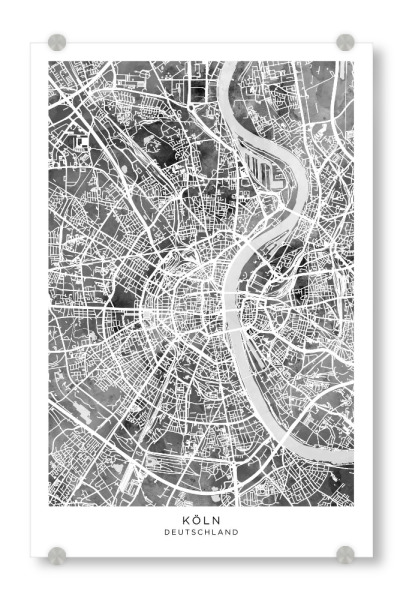 Acrylglasbild "Köln Deutschland Stadtplan BW" artboxONE - Städte - Köln,Deutschland,Stadtkarte,Karte,Stadtplan,Aquarell,Malerei