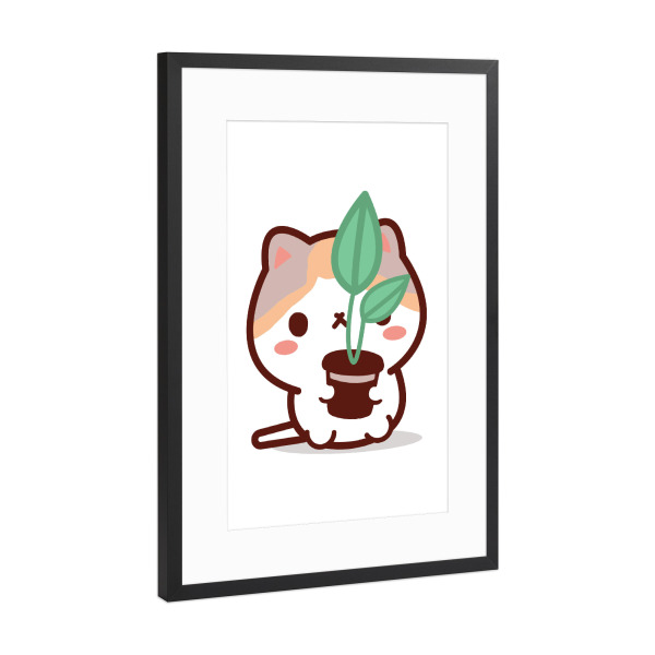 Poster mit Rahmen Schwarz (Metallic) "Süße Katze hält Pflanze Kawaii" artboxONE - Für Kinder,Tiere