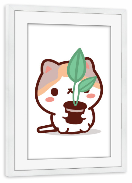 Poster mit Rahmen weiß "Süße Katze hält Pflanze Kawaii" artboxONE - Für Kinder,Tiere