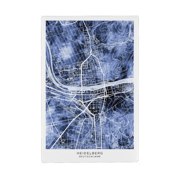 Holzbild "Heidelberg Stadtplan Blau" artboxONE - Städte - Heidelberg,Deutschland,Stadtkarte,Karte,Stadtplan,Aquarell,Malerei