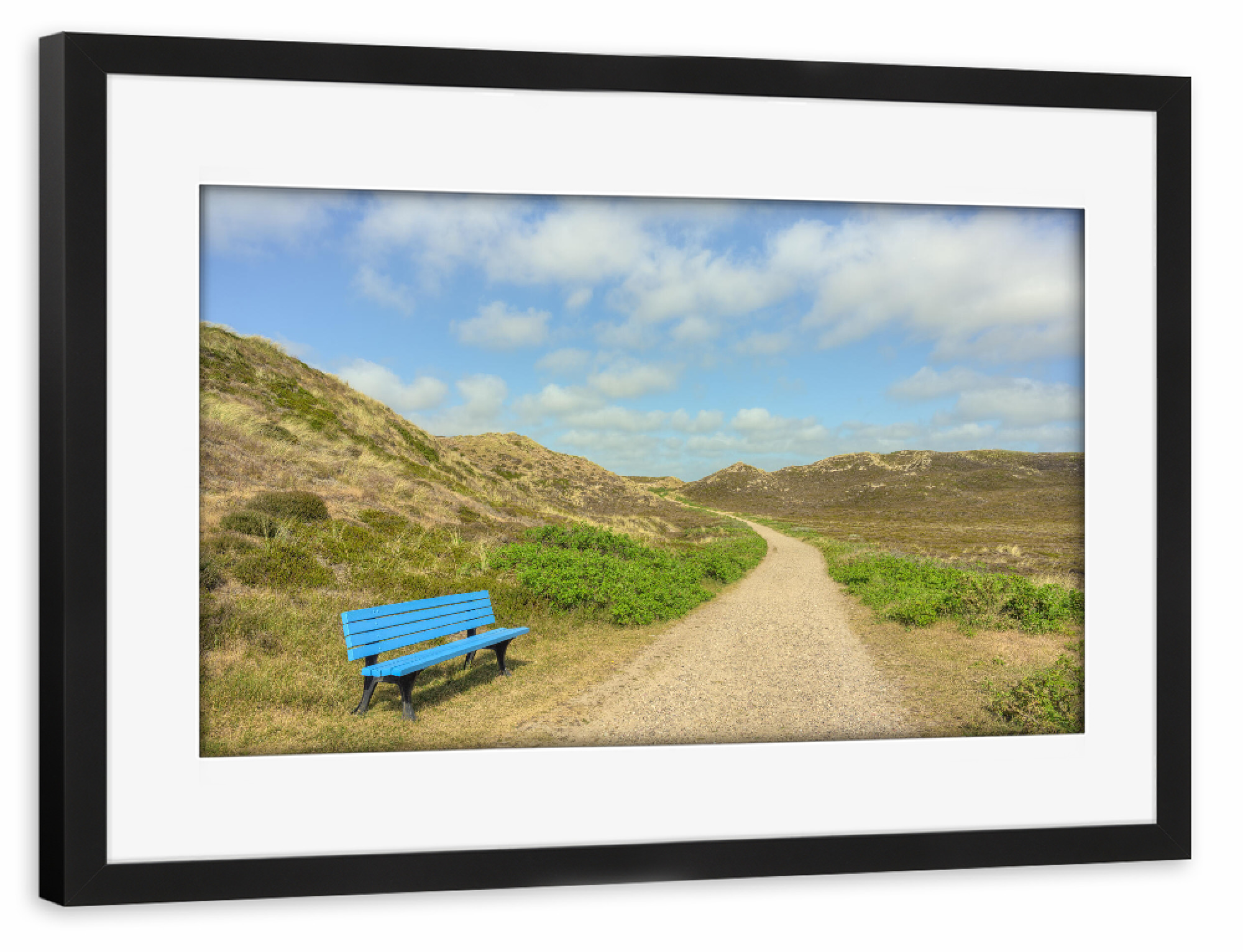 Poster mit Rahmen schwarz "Sylt blaue Bank in den Dünen" artboxONE - Natur,Reise,Reise / Strand und Meer