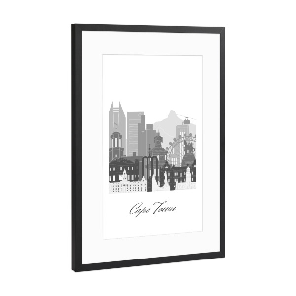 Poster mit Rahmen Schwarz (Metallic) "Skyline von Kapstadt schwarz weiß" artboxONE - Städte,Reise,Architektur,Kartografie