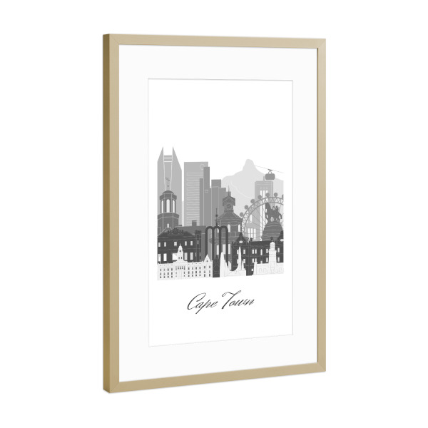 Poster mit Rahmen Gold "Skyline von Kapstadt schwarz weiß" artboxONE - Städte,Reise,Architektur,Kartografie