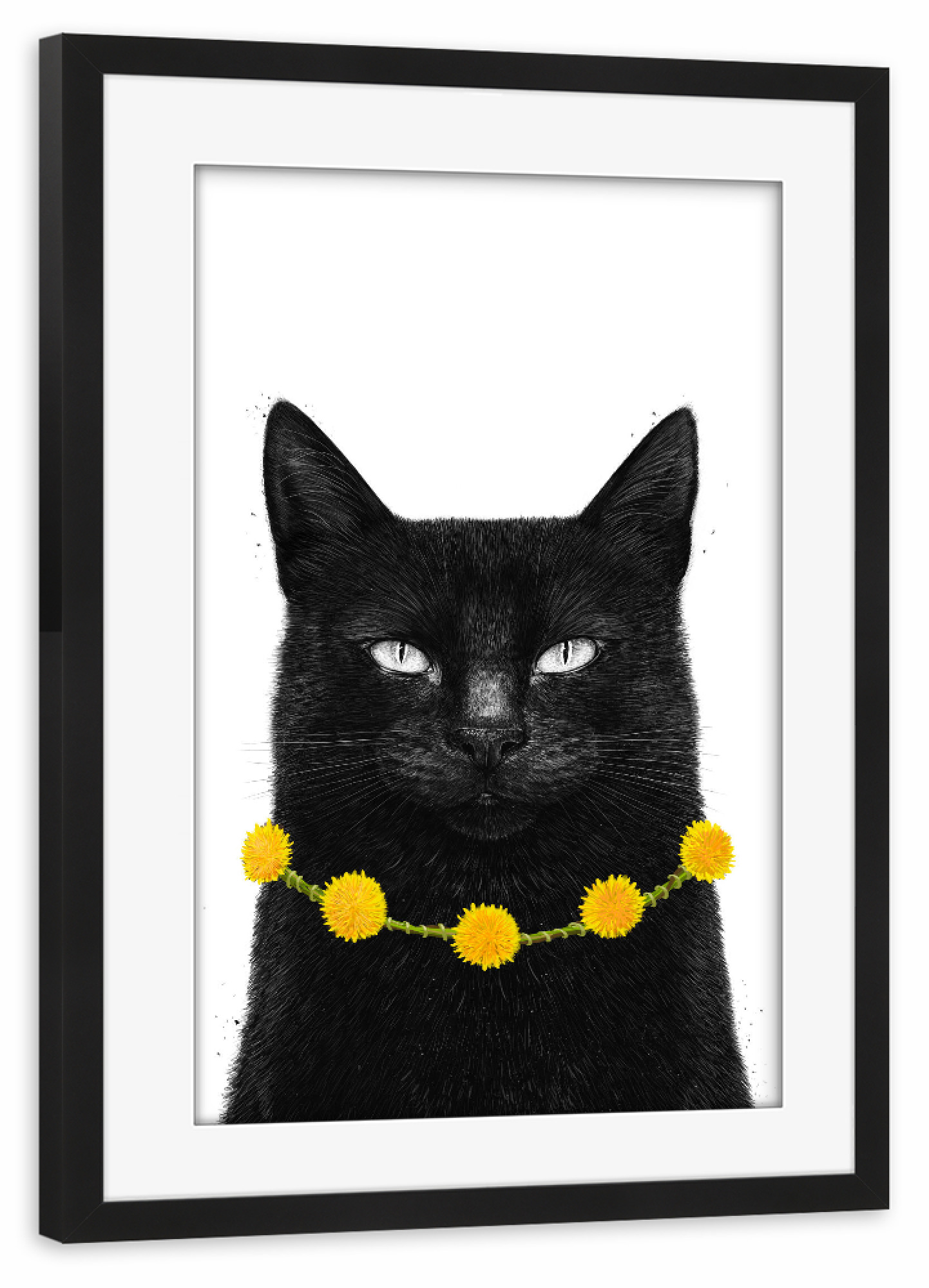 Poster mit Rahmen schwarz "Schwarze Katze mit Löwenzahn" artboxONE - Floral,Tiere,Halloween,Lustig