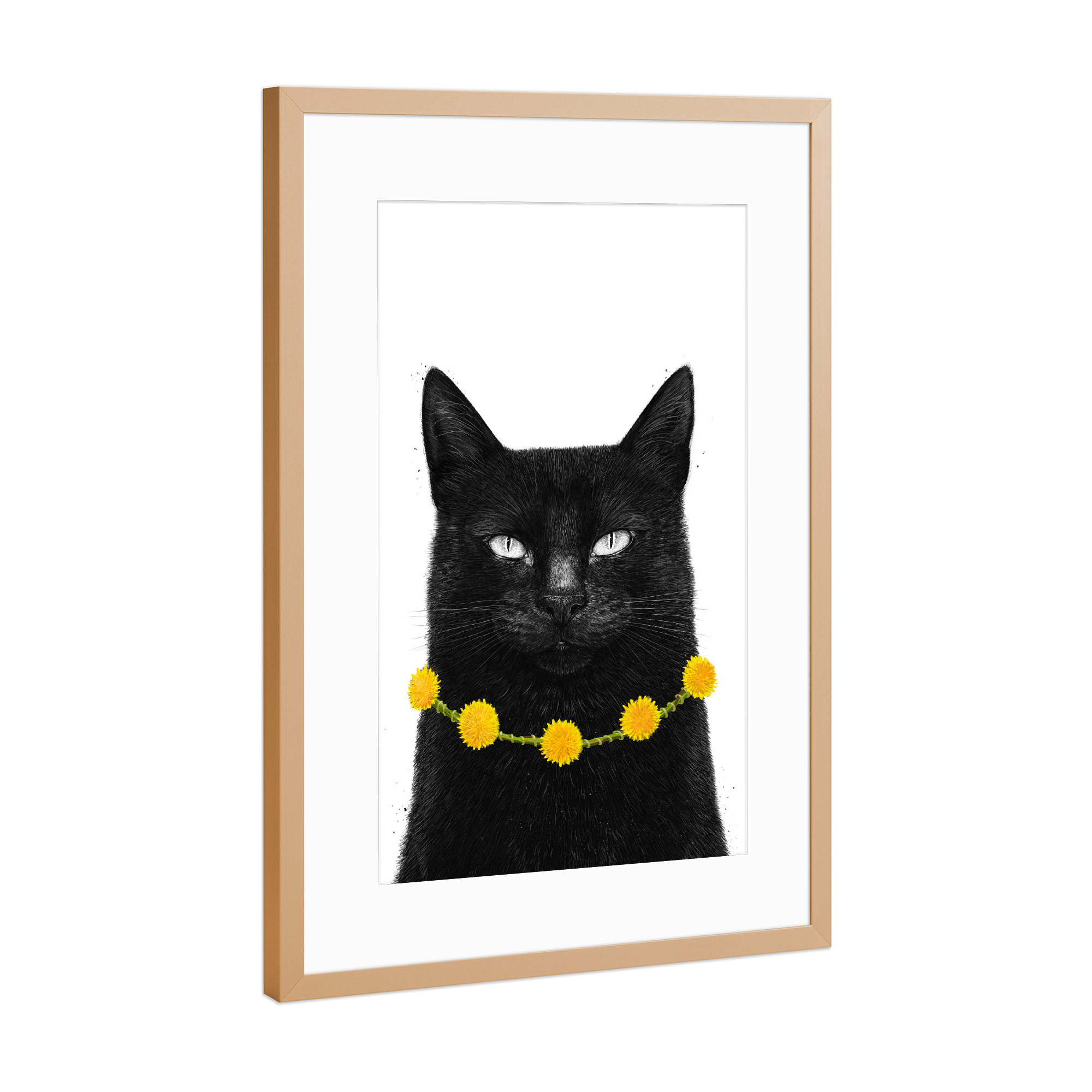 Poster mit Rahmen Kupfer "Schwarze Katze mit Löwenzahn" artboxONE - Floral,Tiere,Halloween,Lustig