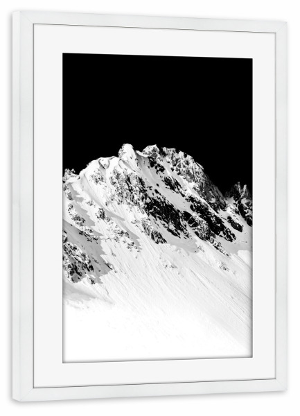 Poster mit Rahmen weiß "Verschneiter Schwarz-Weiß-Berg" artboxONE - Natur,Reise