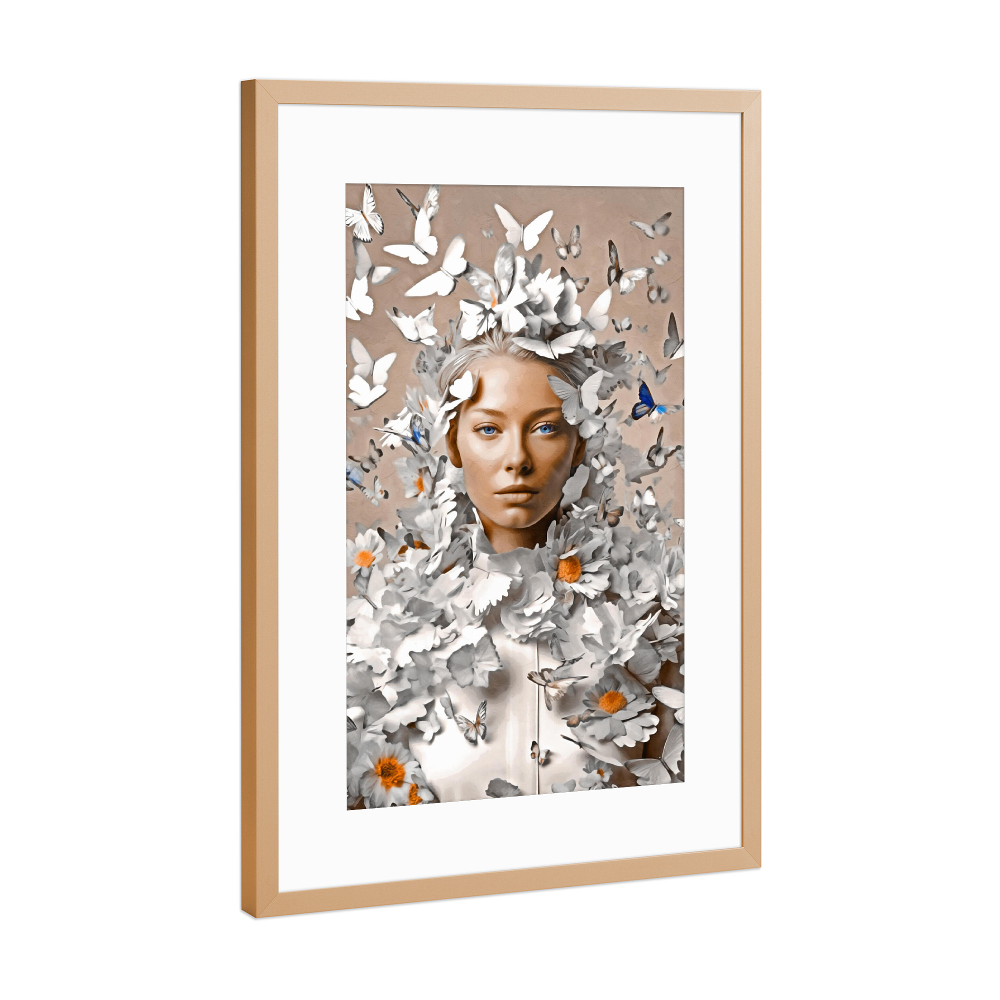 Poster mit Rahmen Kupfer "Blumenfrau mit Weiß" artboxONE - Natur,Abstrakt,Menschen - Frau,Blumen,Blumen,Großes puzzle,Figurativ,Weiß