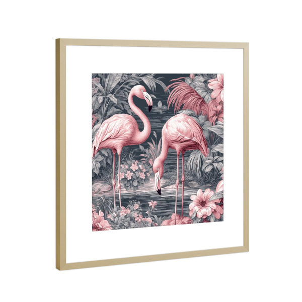Poster mit Rahmen Gold "Pink Flamingo floral" artboxONE - Natur,Floral,Tiere