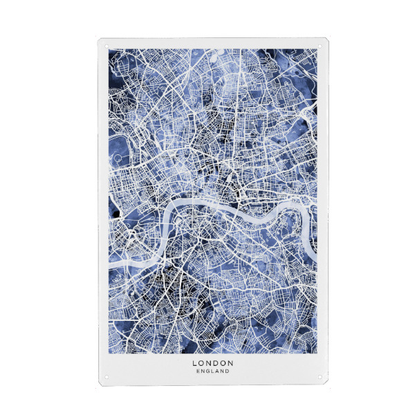 Metall Poster "London England Straßenkarte Blau" artboxONE - Städte - London,England,Stadtkarte,Karte,Stadtplan,Aquarell,Malerei - Blechschild