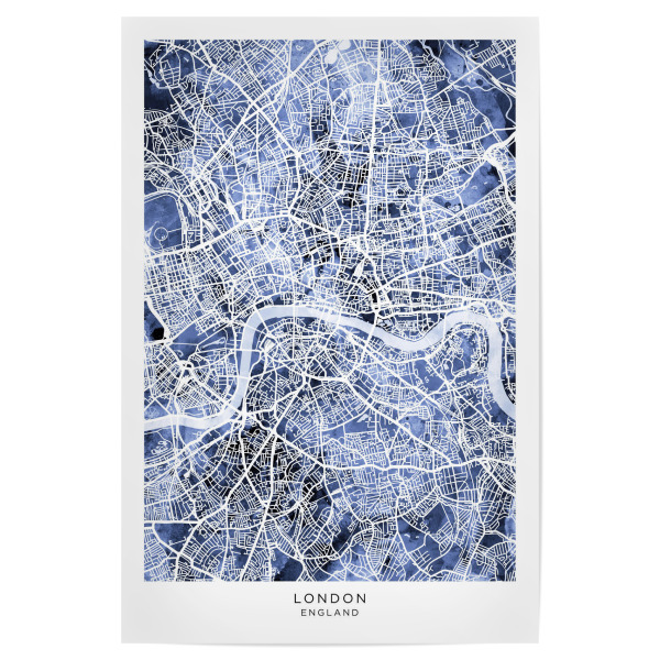 Poster 30x20 cm "London England Straßenkarte Blau" artboxONE - Städte - London,England,Stadtkarte,Karte,Stadtplan,Aquarell,Malerei