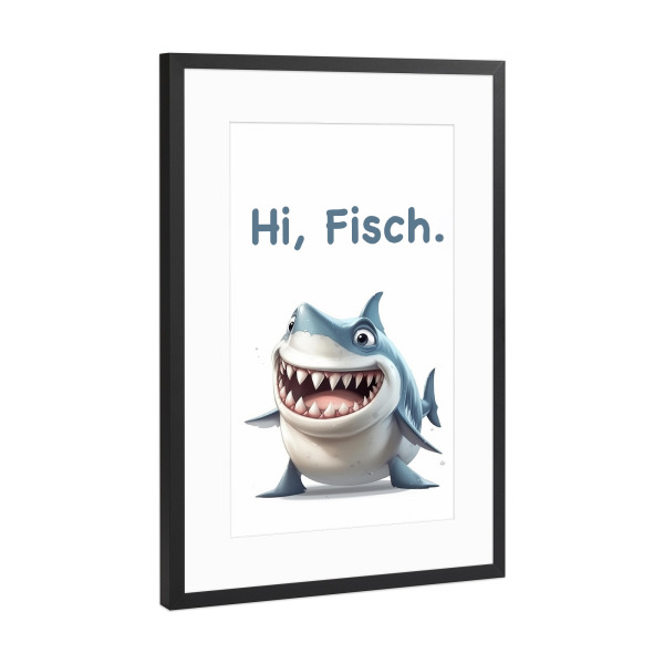 Poster mit Rahmen Schwarz (Metallic) "Hallo Hai" artboxONE - Typografie,Tiere,Lustig