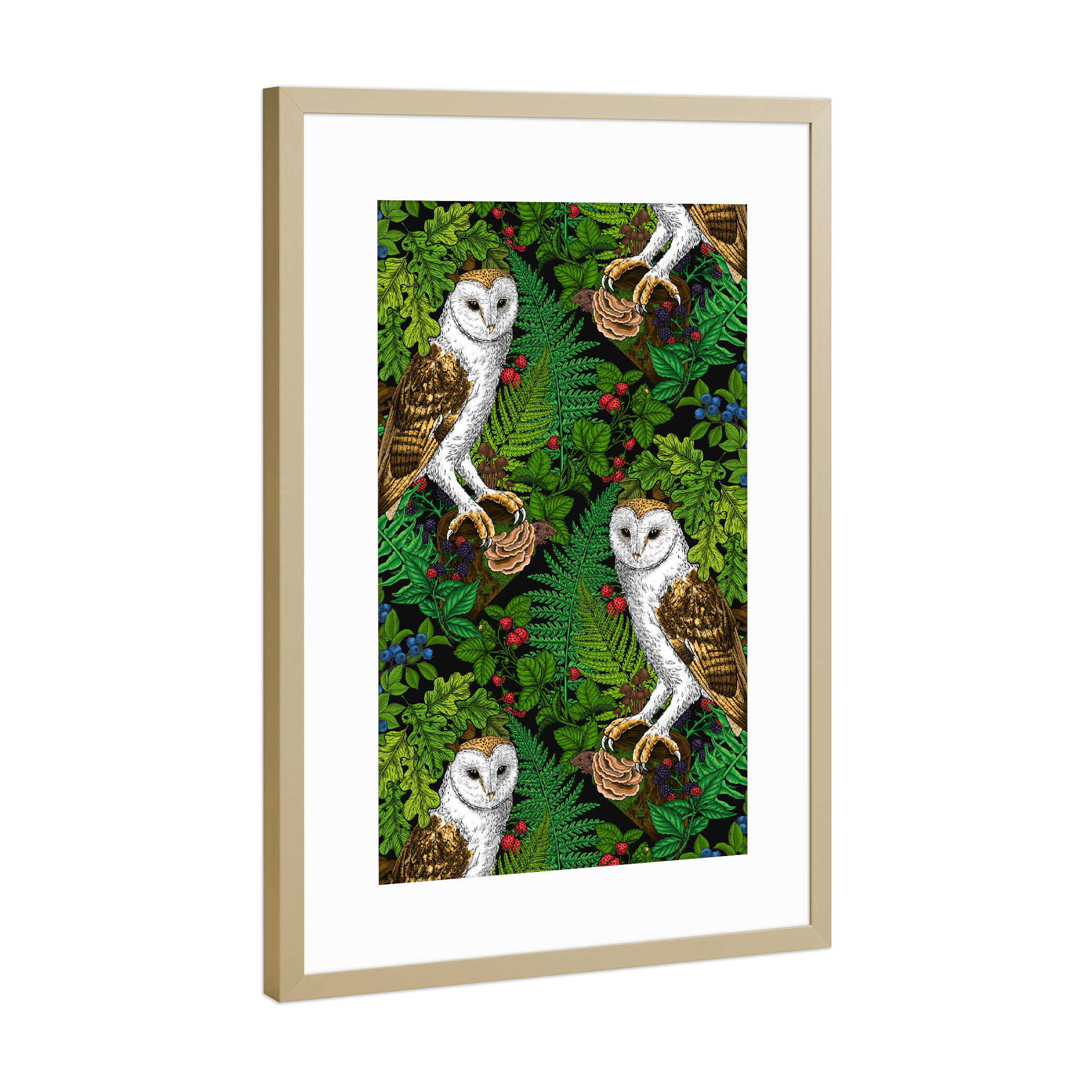 Poster mit Rahmen Gold "Eulen, Farne, Eiche und Beeren" artboxONE - Natur,Floral