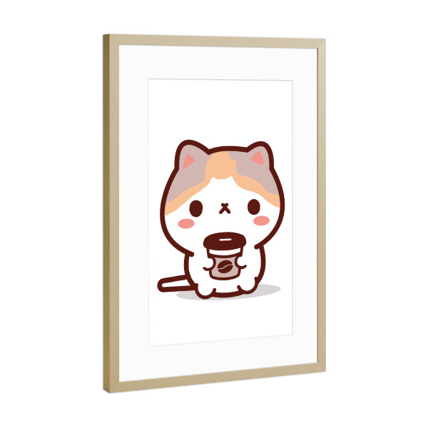 Poster mit Rahmen Gold "Süße Katze hält Kaffeetasse" artboxONE - Für Kinder,Tiere