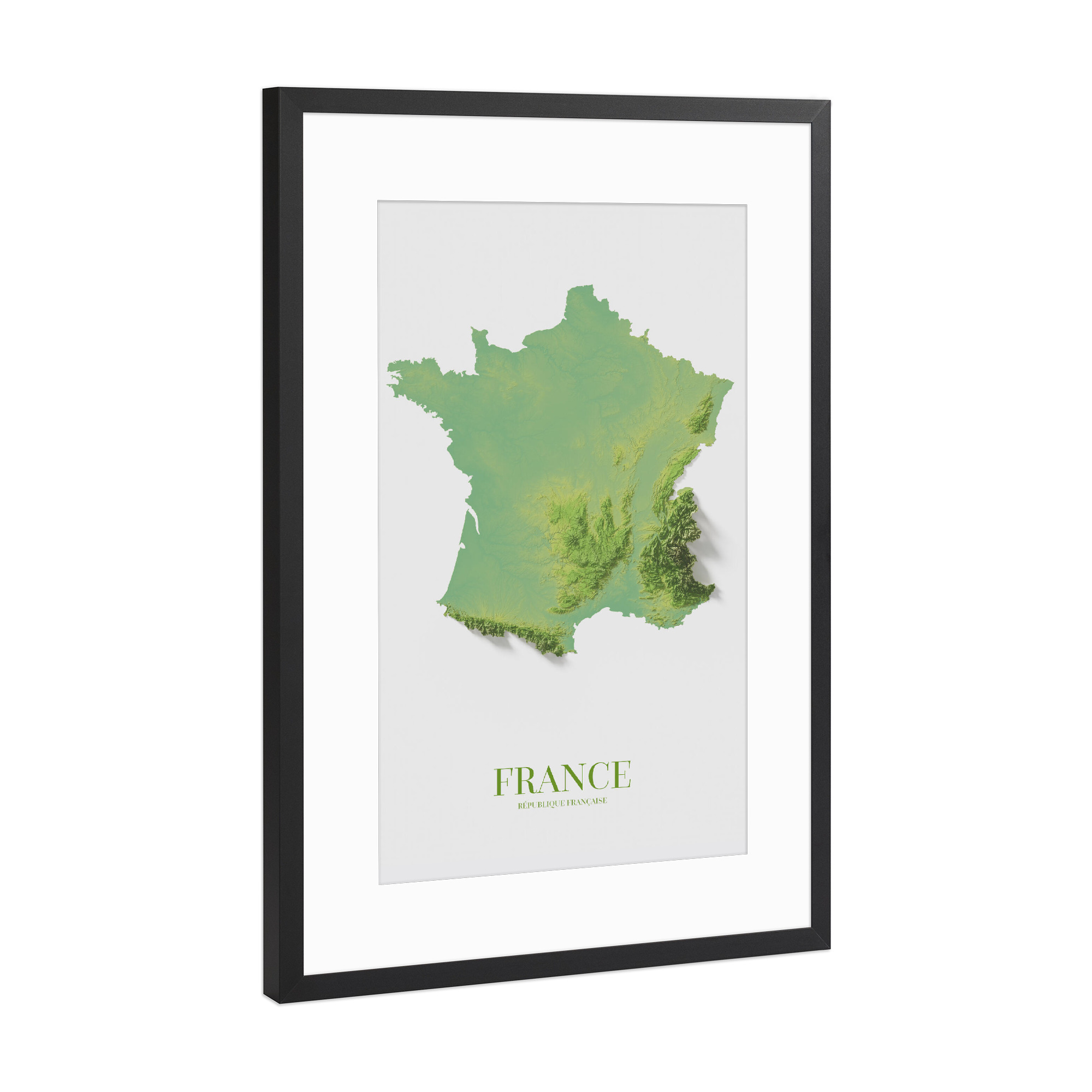 Poster mit Rahmen Schwarz (Metallic) "Frankreich 3D-Karte" artboxONE - Kartografie