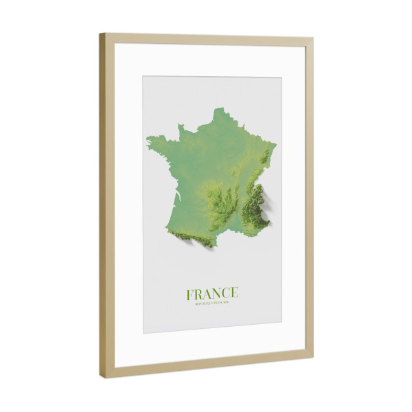 Poster mit Rahmen Gold "Frankreich 3D-Karte" artboxONE - Kartografie - Frankreich,Frankreich-karte,Frankreich-karte 3d,Französische karte,3d-karte