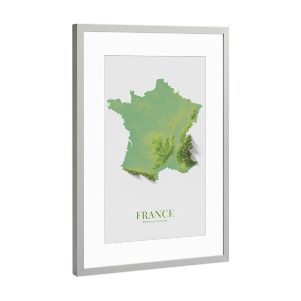Poster mit Rahmen Silber "Frankreich 3D-Karte" artboxONE - Kartografie - Frankreich,Frankreich-karte,Frankreich-karte 3d,Französische karte,3d-karte