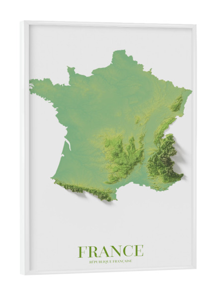 Poster mit weißem Rahmen "Frankreich 3D-Karte" artboxONE - Kartografie - Frankreich,Frankreich-karte,Frankreich-karte 3d,Französische karte,3d-karte