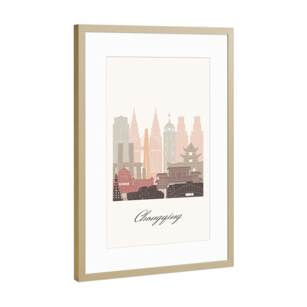 Poster mit Rahmen Gold "Skyline von Chongqing Terrakotta" artboxONE - Städte,Reise,Architektur,Kartografie