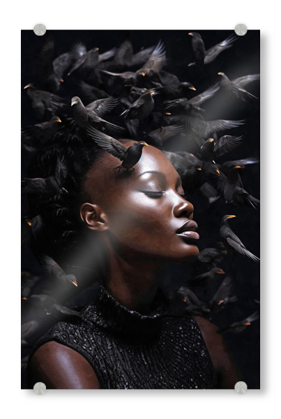 Acrylglasbild "Blumenfrau mit schwarzem Vogel" artboxONE - Natur,Abstrakt,Menschen