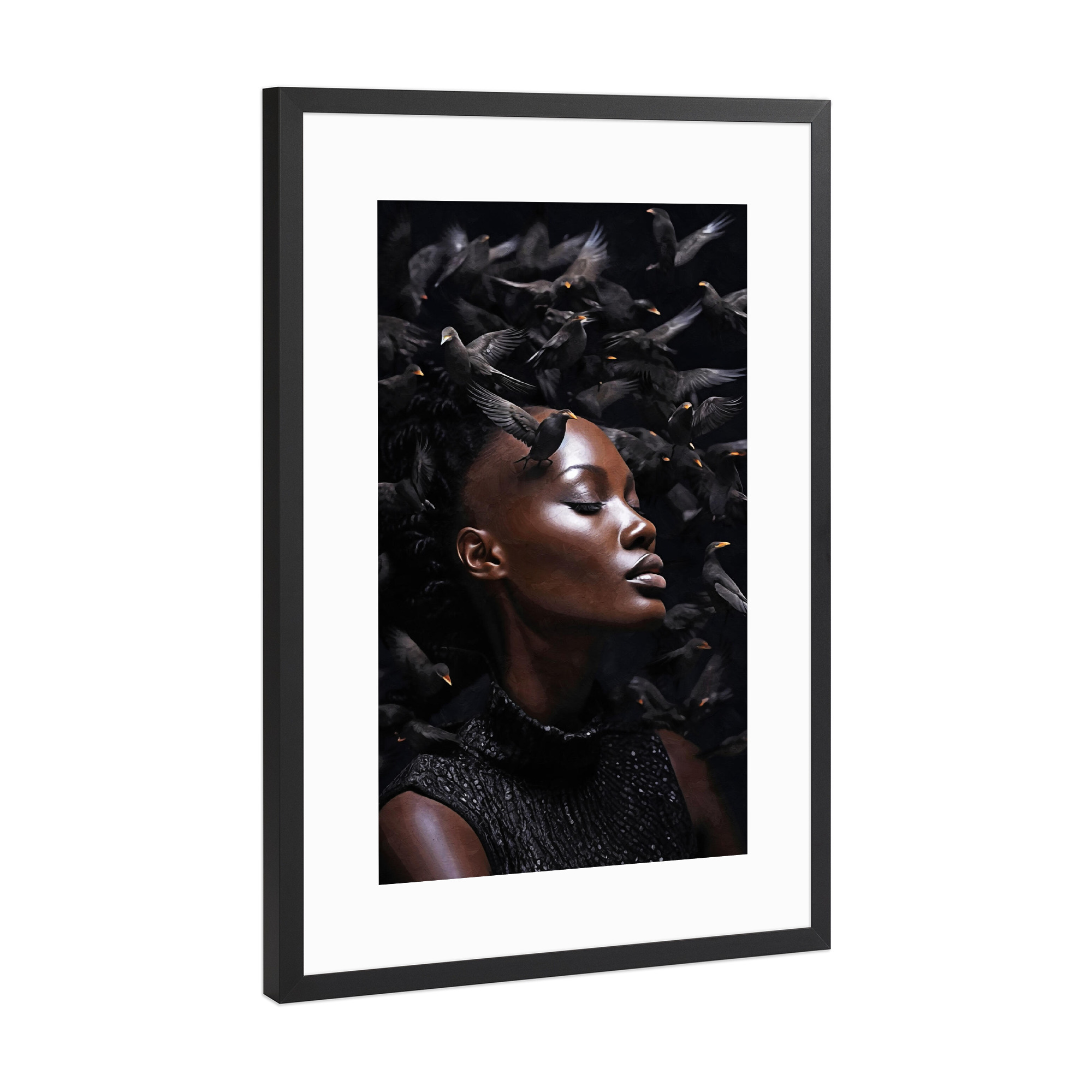 Poster mit Rahmen Schwarz (Metallic) "Blumenfrau mit schwarzem Vogel" artboxONE - Natur,Abstrakt,Menschen