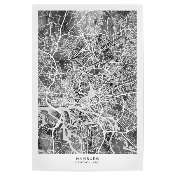 Poster 30x20 cm "Hamburg - Stadtplan Schwarz" artboxONE - Städte - Hamburg,Deutschland,Stadtkarte,Karte,Stadtplan,Aquarell,Malerei