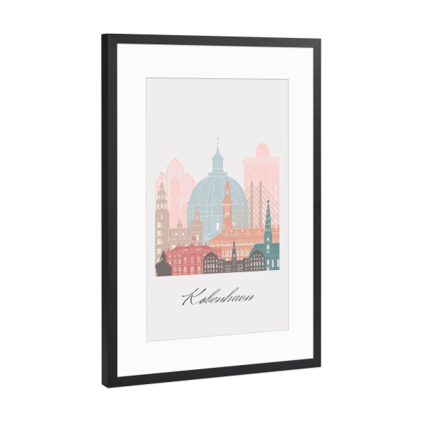 Poster mit Rahmen Schwarz (Metallic) "Kopenhagener Skyline Pastelltöne" artboxONE - Städte,Reise,Architektur,Städte / København,Kartografie