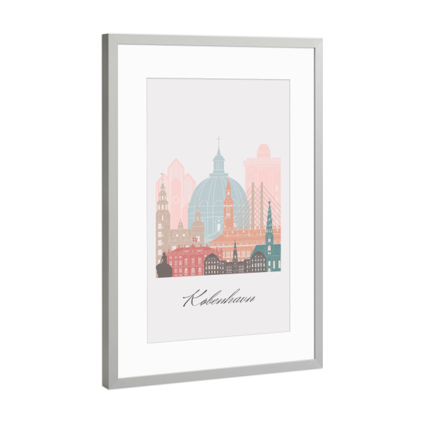 Poster mit Rahmen Silber "Kopenhagener Skyline Pastelltöne" artboxONE - Städte,Reise,Architektur,Städte / København,Kartografie