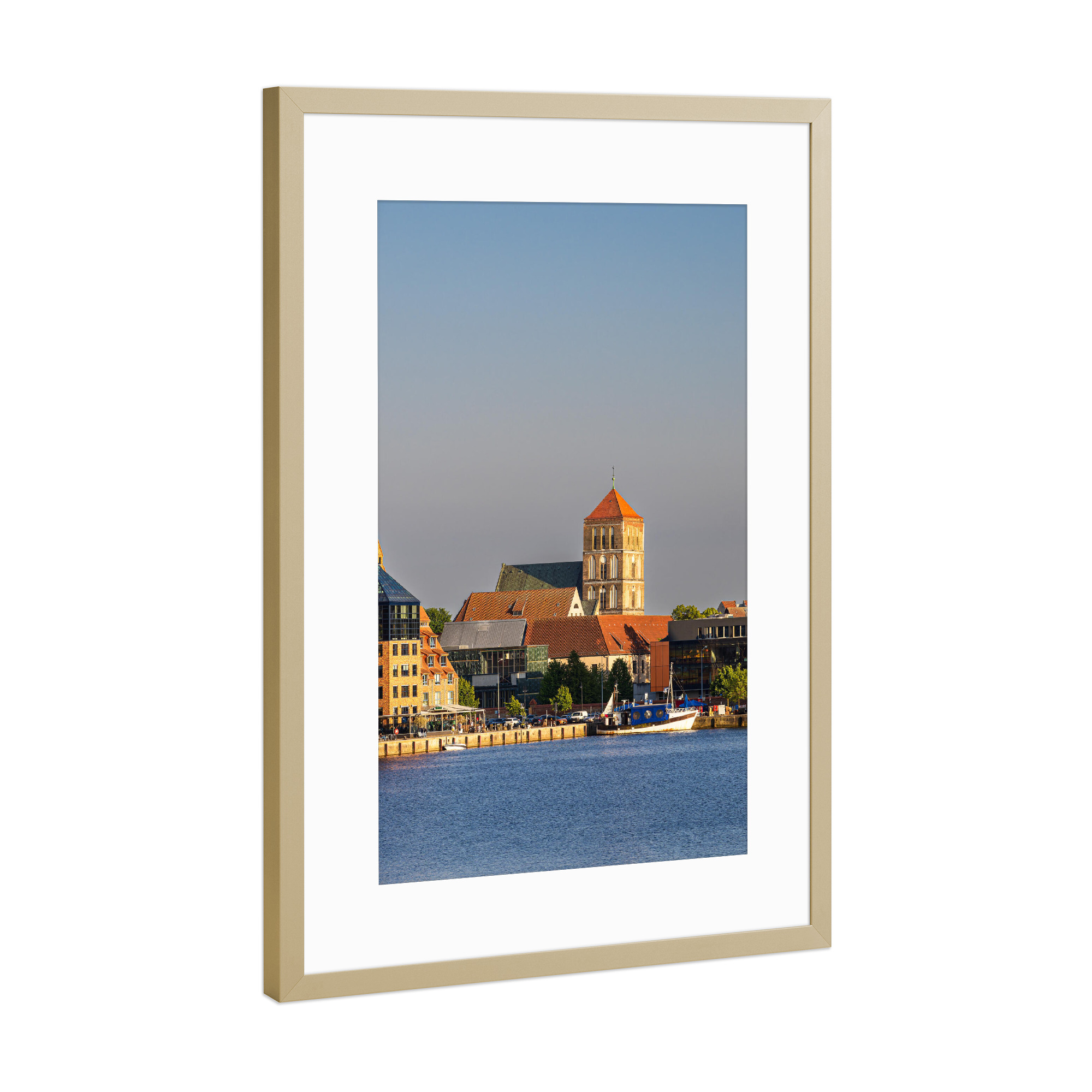 Poster mit Rahmen Gold "Kircvhe, Häuser, Fluss" artboxONE - Städte,Reise,Architektur