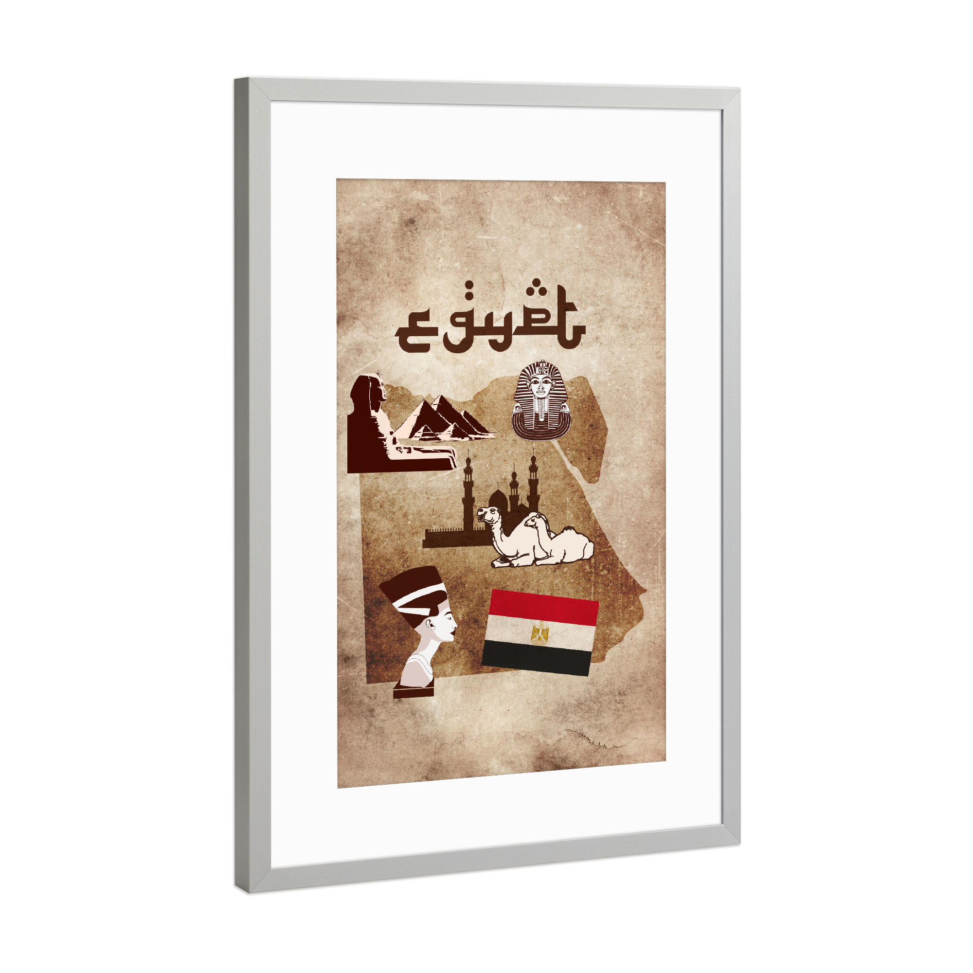 Poster mit Rahmen Silber "Egypt illustrated Map" artboxONE - Reise,Architektur,Reise / Afrika,Reise / Länder,Kartografie