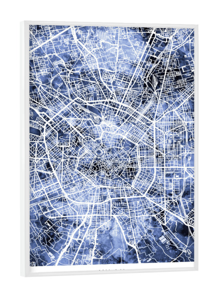 Poster mit weißem Rahmen "Mailand Italien Stadtplan blau" artboxONE - Städte - Mailand,Italien,Stadtkarte,Karte,Stadtplan,Aquarell,Malerei