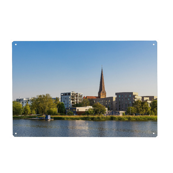 Holzbild "Warnow, Bäume, Häuser, Kirche" artboxONE - Städte,Reise,Architektur