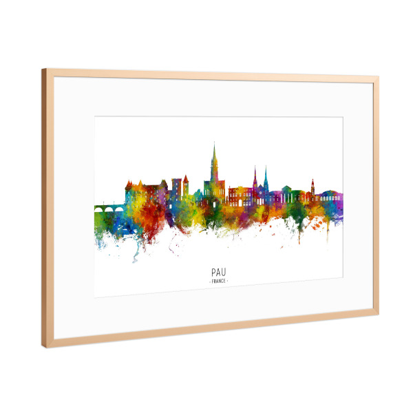 Poster mit Rahmen Kupfer "Pau Frankreich Skyline txt" artboxONE - Städte - Pau,Frankreich,Skyline,Stadtbild,Stadtbild,Aquarell,Malerei