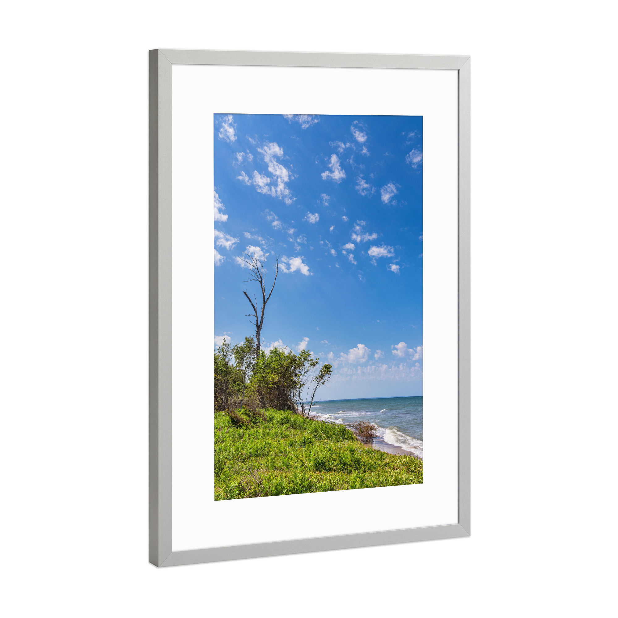 Poster mit Rahmen Silber "Wellen, Baum, Gras, Wolken" artboxONE - Natur,Reise,Reise / Strand und Meer