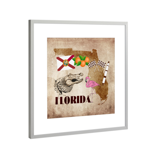 Poster mit Rahmen Silber "Florida illustrated Map" artboxONE - Reise,Reise / Strand und Meer,Reise / Länder,Kartografie