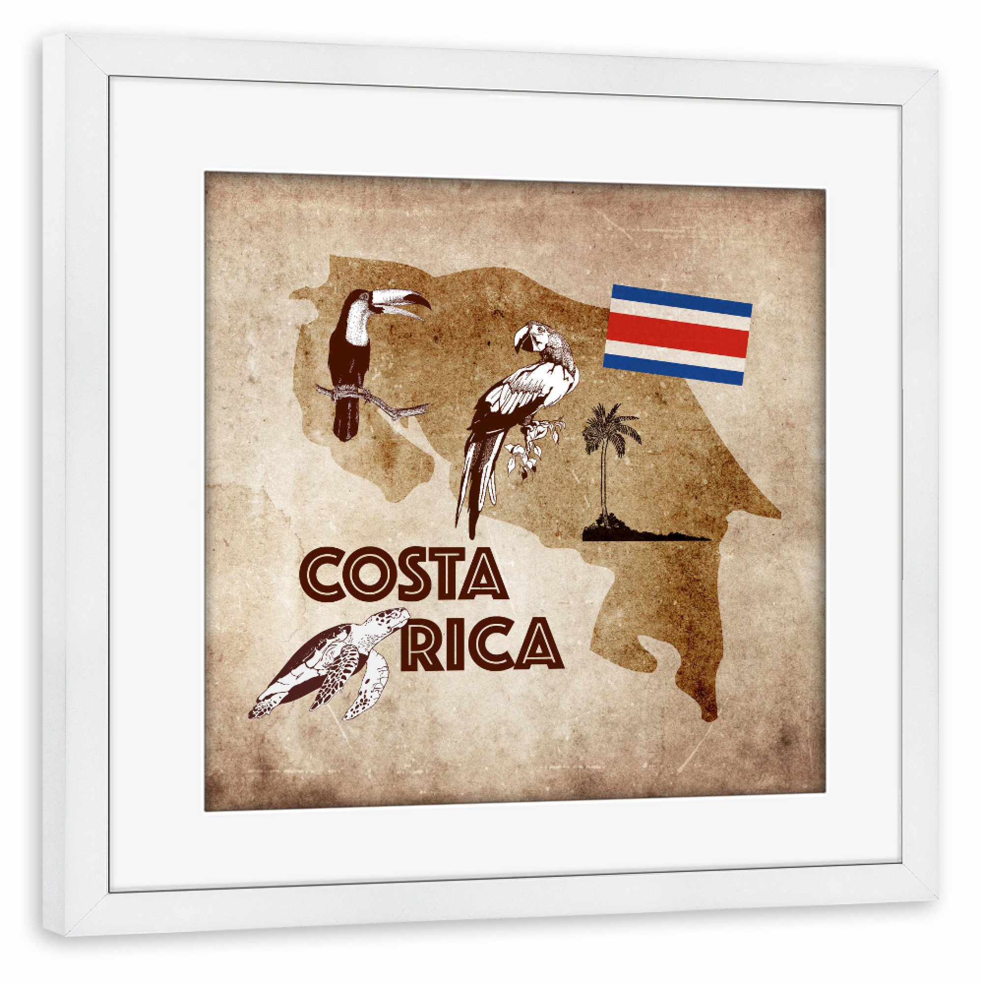 Poster mit Rahmen weiß "Costa Rica illustrated Map" artboxONE - Natur,Reise,Reise / Strand und Meer,Reise / Länder,Kartografie
