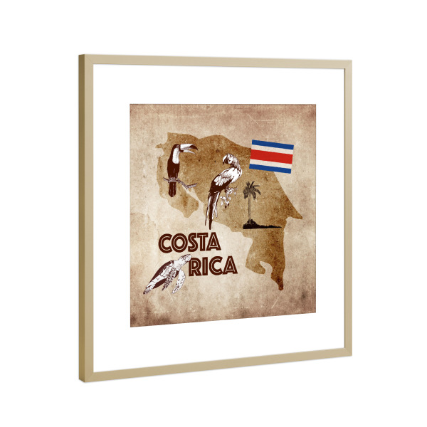 Poster mit Rahmen Gold "Costa Rica illustrated Map" artboxONE - Natur,Reise,Reise / Strand und Meer,Reise / Länder,Kartografie
