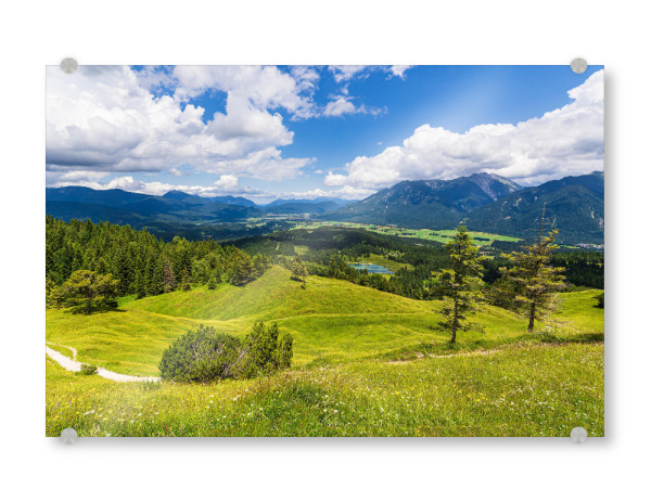 Acrylglasbild "Wolken, Wiese, Gebirge, Bäume" artboxONE - Natur,Reise