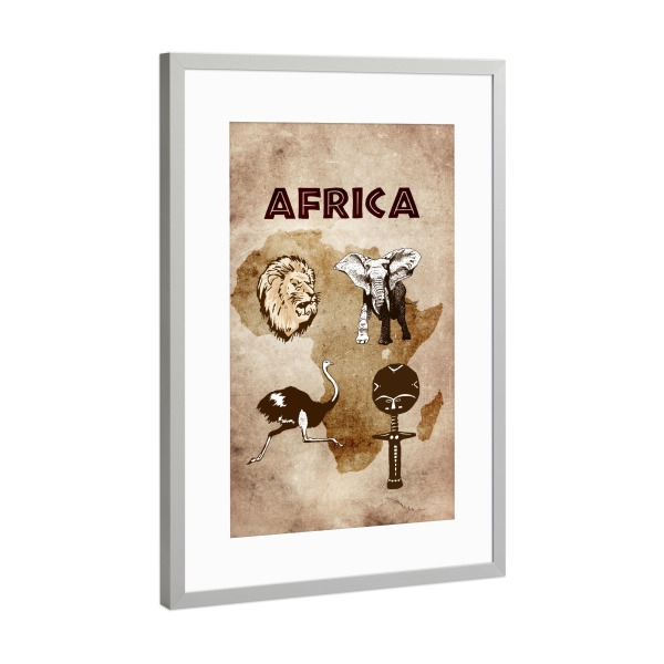 Poster mit Rahmen Silber "African illustrated Map" artboxONE - Reise,Tiere,Reise / Afrika,Reise / Länder,Kartografie