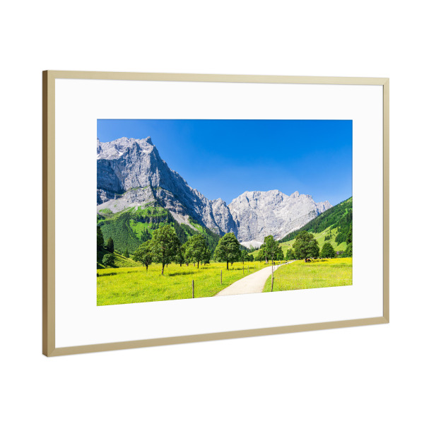 Poster mit Rahmen Gold "Weg, Wiese, Bäume, Gebirge" artboxONE - Natur,Reise,Reise / Länder
