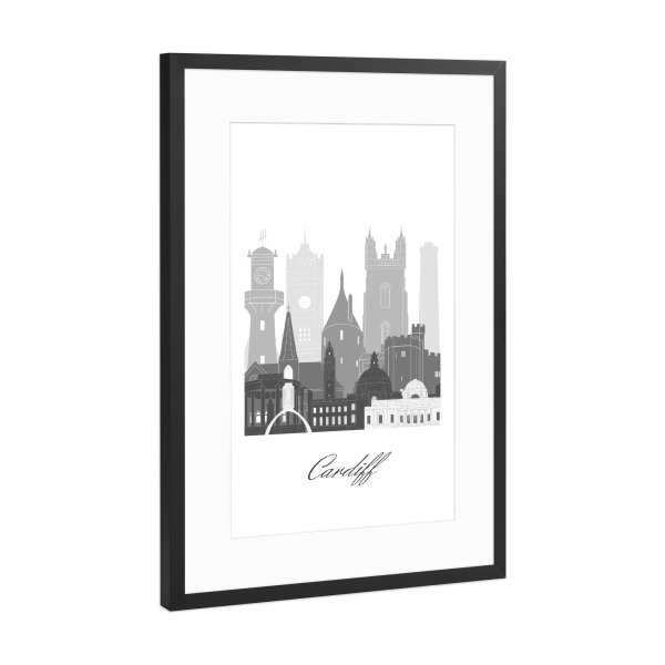 Poster mit Rahmen Schwarz (Metallic) "Skyline von Cardiff im sw Stil" artboxONE - Städte,Reise,Architektur,Kartografie