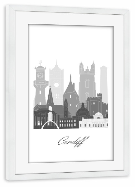 Poster mit Rahmen weiß "Skyline von Cardiff im sw Stil" artboxONE - Städte,Reise,Architektur,Kartografie