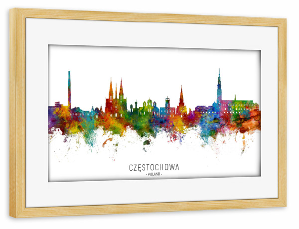 Poster mit Rahmen kiefer "Tschenstochau Polen Skyline txt" artboxONE - Städte - Tschenstochau,Polen,Skyline,Stadtbild,Stadtbild,Aquarell,Malerei