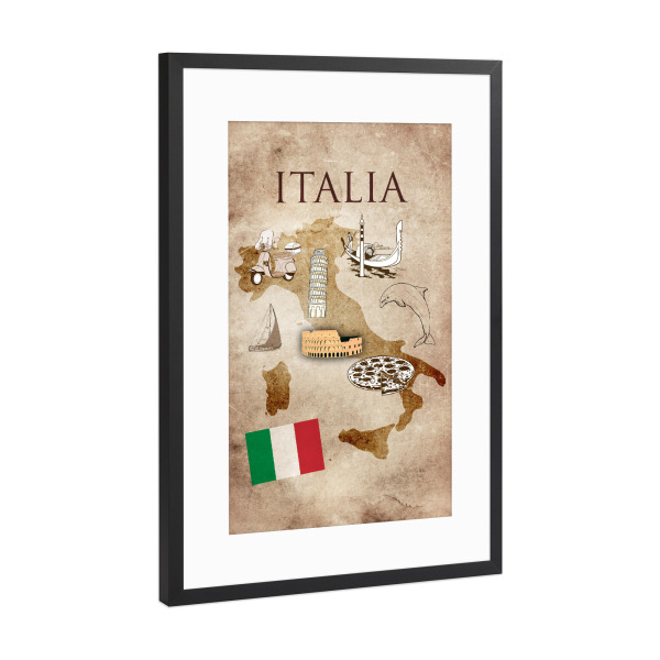 Poster mit Rahmen Schwarz (Metallic) "Italia - illustrated map" artboxONE - Reise / Strand und Meer,Reise / Länder,Städte / Rom,Kartografie