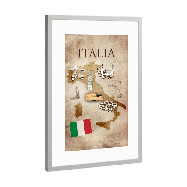 Poster mit Rahmen Silber "Italia - illustrated map" artboxONE - Reise / Strand und Meer,Reise / Länder,Städte / Rom,Kartografie