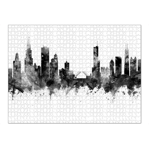 Puzzle Ravensburger "Chicago Illinois Skyline Schwarz" artboxONE - Städte - Chicago,Illinois,Vereinigte staaten skyline,Stadtbild,Aquarell,Malerei