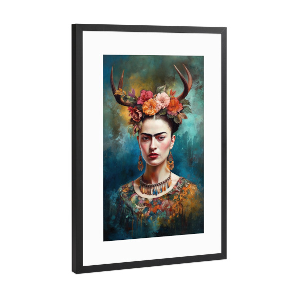 Poster mit Rahmen Schwarz (Metallic) "Frida Floral Love" artboxONE - Floral,Menschen,Fashion