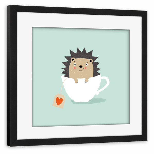 Poster mit Rahmen schwarz "Tassen Igel" artboxONE - Für Kinder,Tiere - Igel,Süß,Niedliche tiere,Tasse,Teetasse,Herz,Herzlich,Kinder,Kinderzimmer