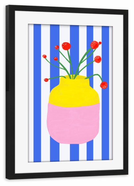 Poster mit Rahmen schwarz "Mio Vaso blue stripes" artboxONE - Floral - Mio,Vaso,Vase,Blumen,Blumenvase,Motalamio,Flowers,Trend,Bunt,Getreift,Streifen
