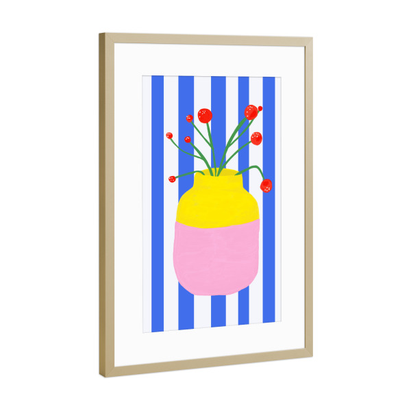 Poster mit Rahmen Gold "Mio Vaso blue stripes" artboxONE - Floral - Mio,Vaso,Vase,Blumen,Blumenvase,Motalamio,Flowers,Trend,Bunt,Getreift,Streifen